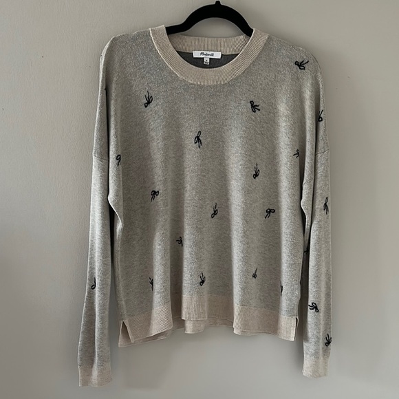 Madewell Womens Bow Jacquard Cream Crewneck Pullover Sweater Sz Medium Preppy - Picture 4 of 10